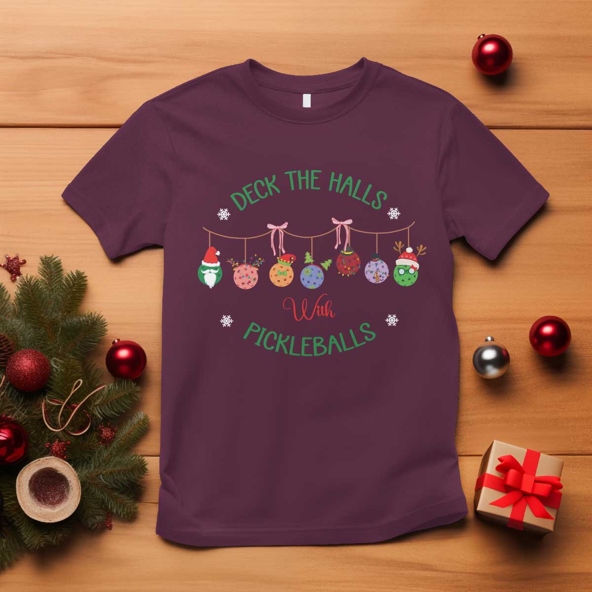 funny-christmas-pickleball-t-shirt-deck-the-halls-with-pickleballs-santa-hat