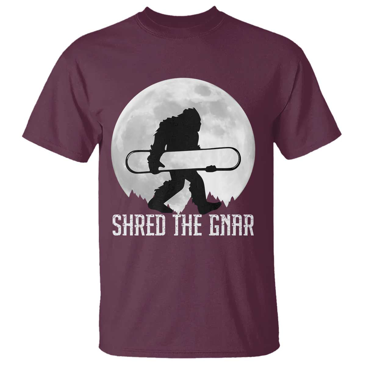 funny-bigfoot-snowboarding-t-shirt-shred-the-gnar-moon-snowboard