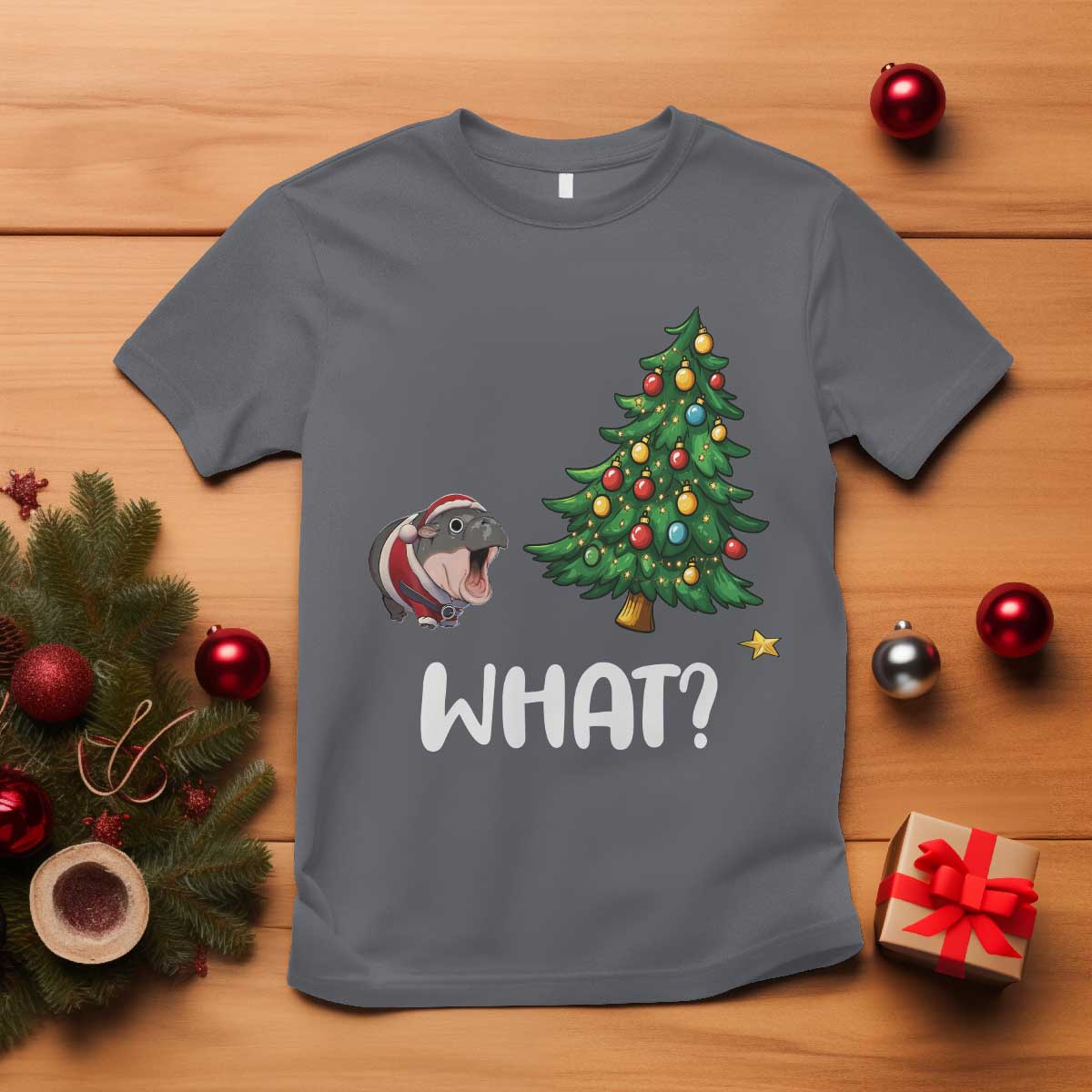funny-moo-deng-christmas-t-shirt-what-santa-cute-hippo-zoo-meme-baby-pygmy-xmas-tree