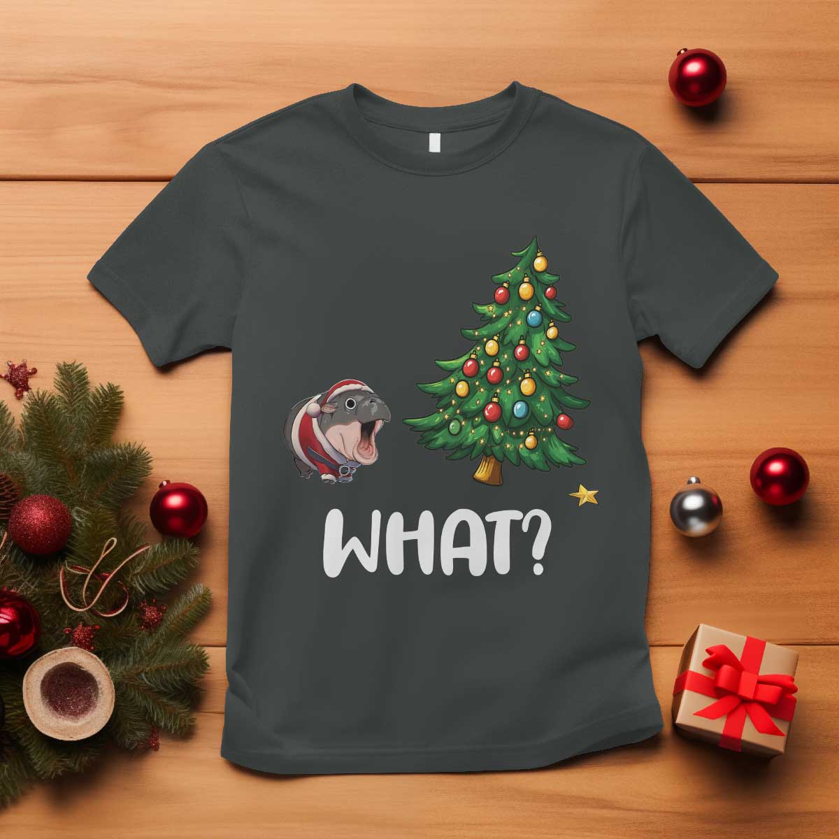 funny-moo-deng-christmas-t-shirt-what-santa-cute-hippo-zoo-meme-baby-pygmy-xmas-tree