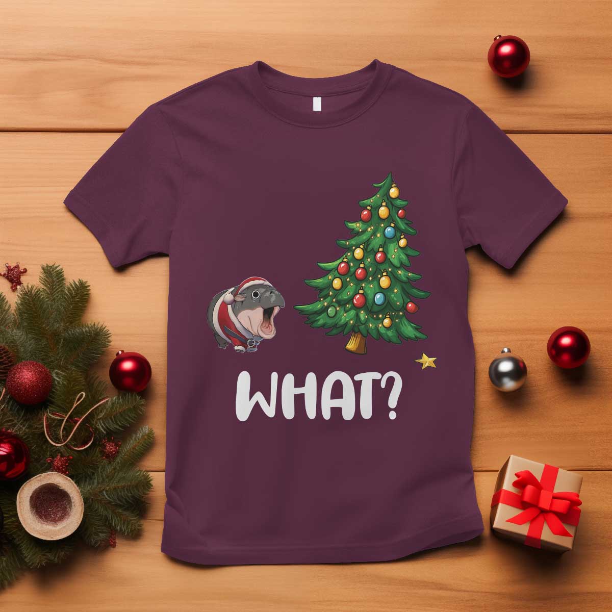 funny-moo-deng-christmas-t-shirt-what-santa-cute-hippo-zoo-meme-baby-pygmy-xmas-tree