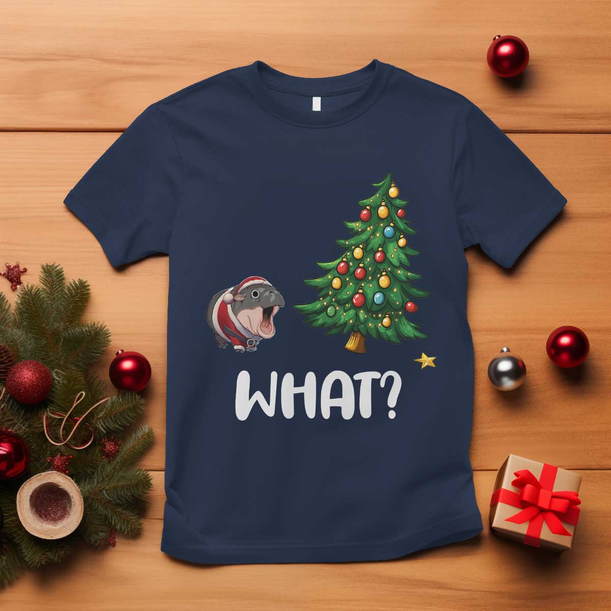 funny-moo-deng-christmas-t-shirt-what-santa-cute-hippo-zoo-meme-baby-pygmy-xmas-tree