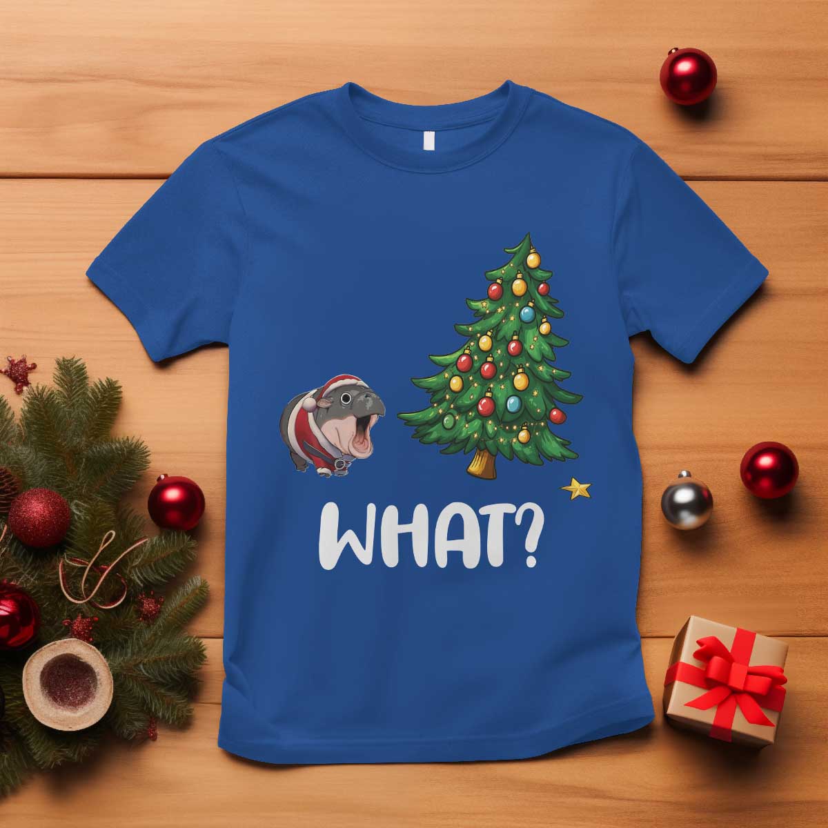 funny-moo-deng-christmas-t-shirt-what-santa-cute-hippo-zoo-meme-baby-pygmy-xmas-tree