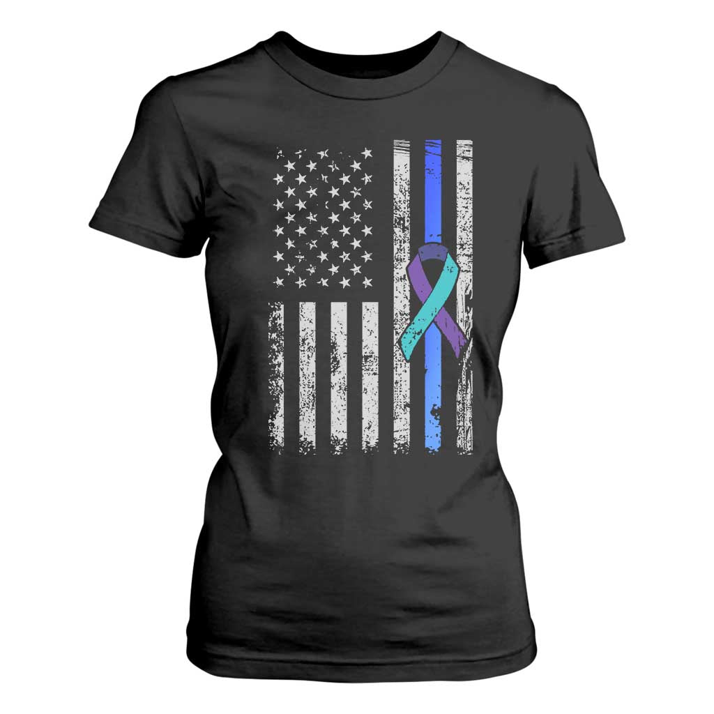 Police Suicide Prevention Support American Flag Ribbon Support T Shirt For Women