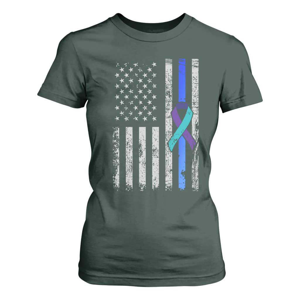Police Suicide Prevention Support American Flag Ribbon Support T Shirt For Women