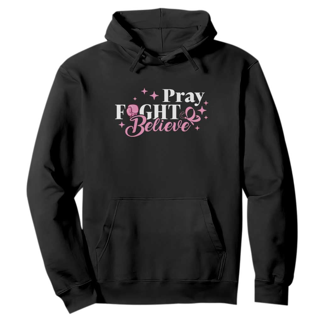 Breast Cancer Support Hoodie Pray Fight Believe Boxing Glove Pink Ribbon Butterfly
