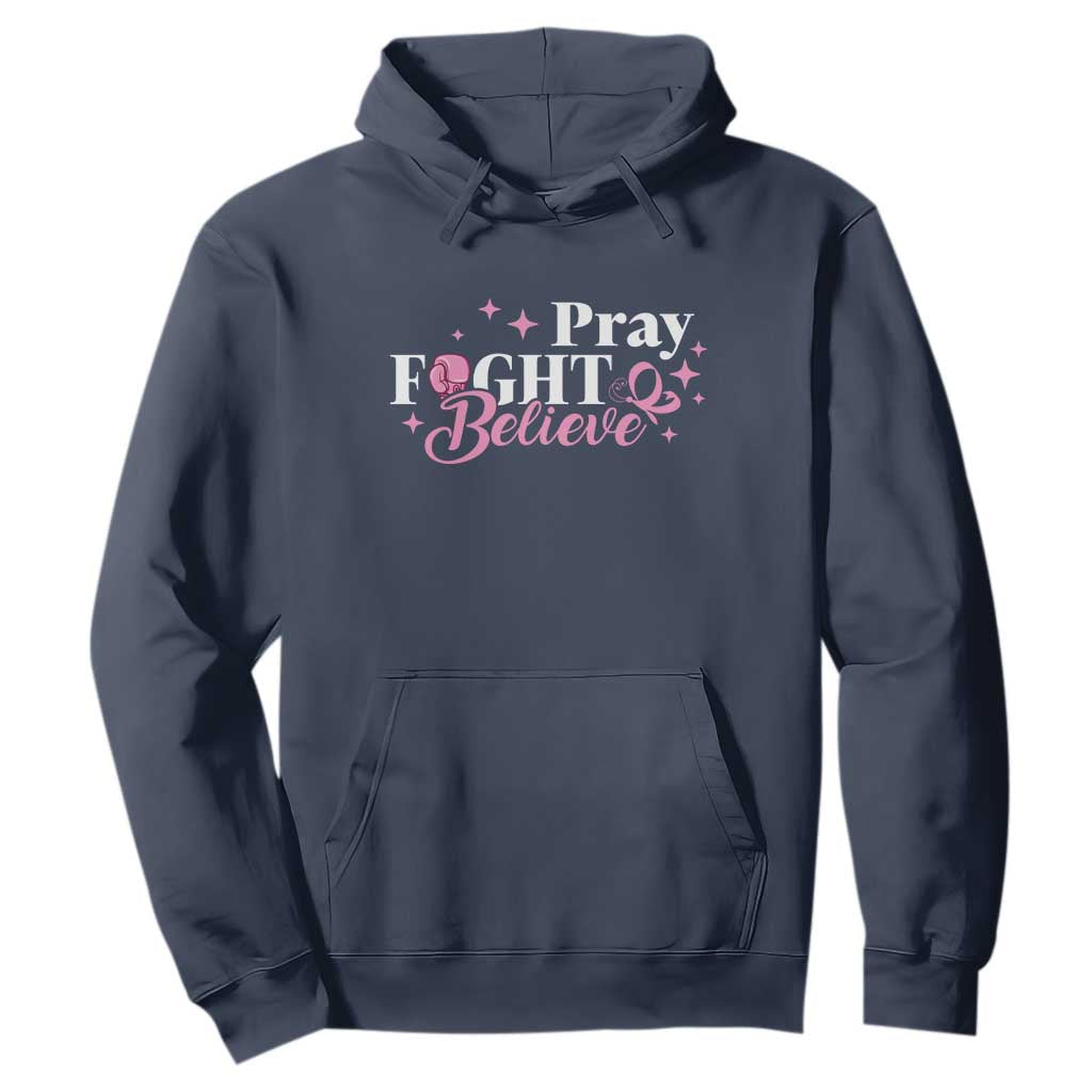 Breast Cancer Support Hoodie Pray Fight Believe Boxing Glove Pink Ribbon Butterfly