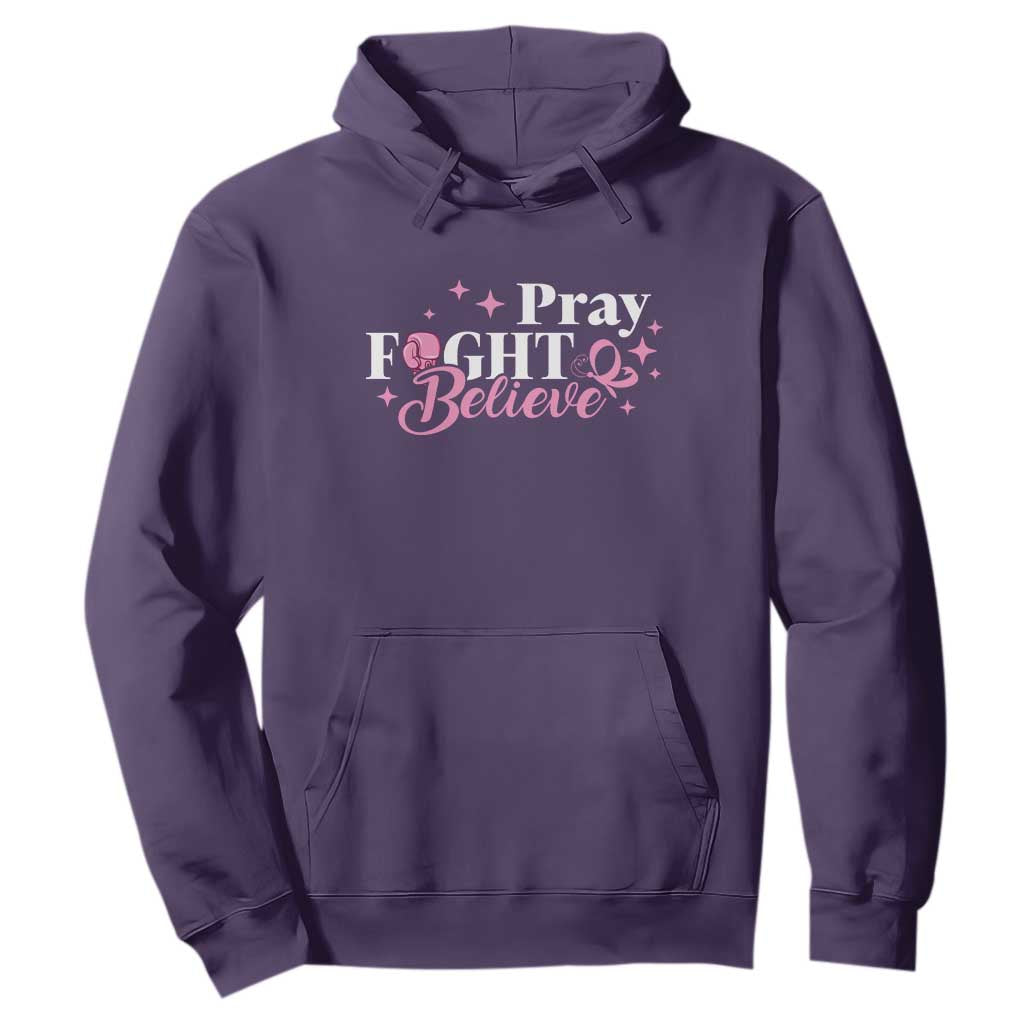 Breast Cancer Support Hoodie Pray Fight Believe Boxing Glove Pink Ribbon Butterfly
