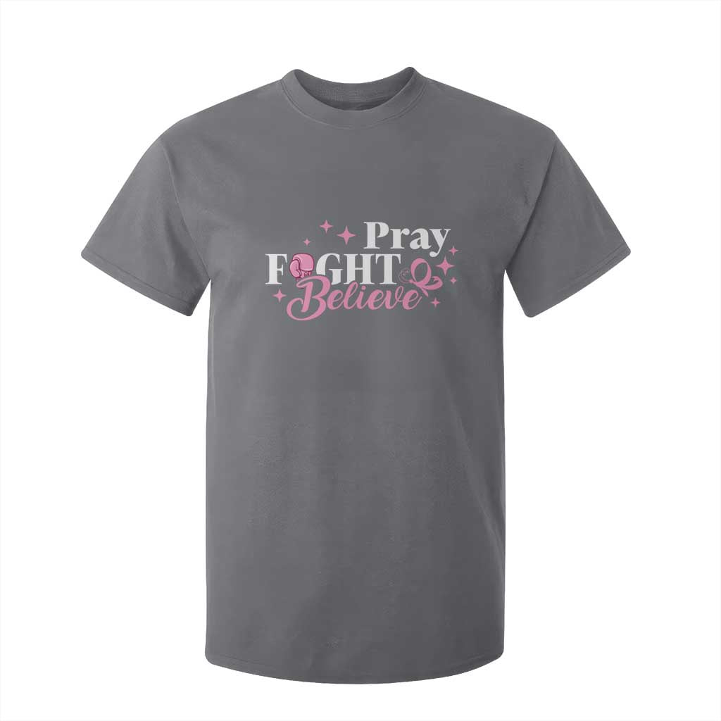 Breast Cancer Support T Shirt For Kid Pray Fight Believe Boxing Glove Pink Ribbon Butterfly