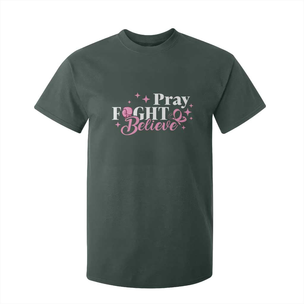 Breast Cancer Support T Shirt For Kid Pray Fight Believe Boxing Glove Pink Ribbon Butterfly