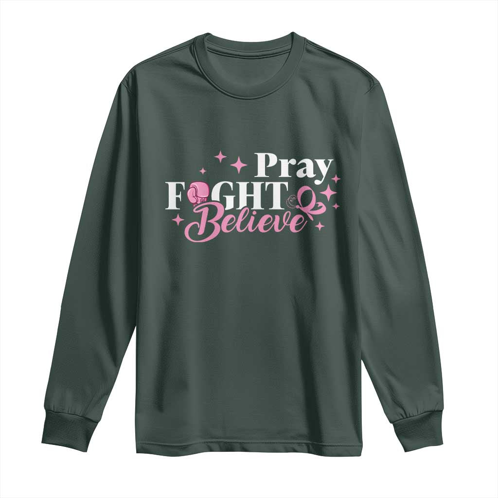 Breast Cancer Support Long Sleeve Shirt Pray Fight Believe Boxing Glove Pink Ribbon Butterfly