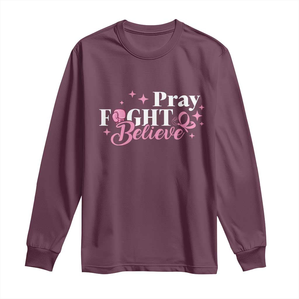 Breast Cancer Support Long Sleeve Shirt Pray Fight Believe Boxing Glove Pink Ribbon Butterfly