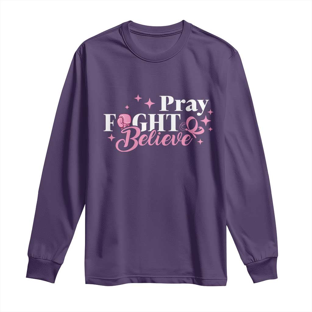 Breast Cancer Support Long Sleeve Shirt Pray Fight Believe Boxing Glove Pink Ribbon Butterfly