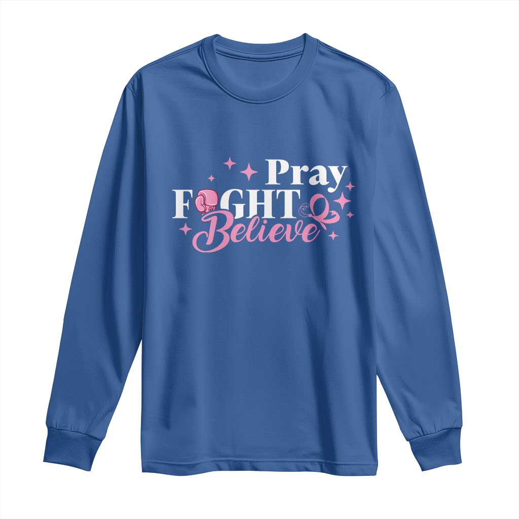 Breast Cancer Support Long Sleeve Shirt Pray Fight Believe Boxing Glove Pink Ribbon Butterfly
