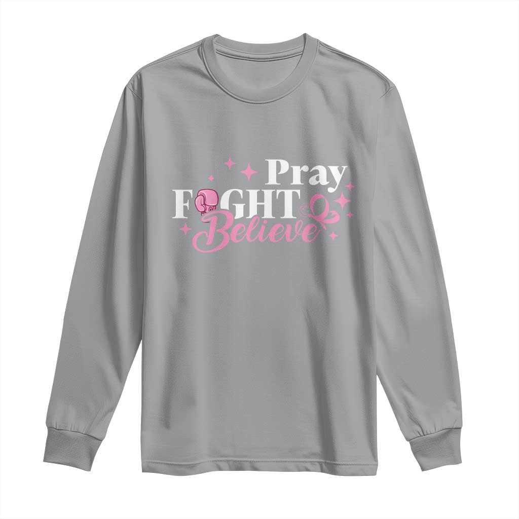 Breast Cancer Support Long Sleeve Shirt Pray Fight Believe Boxing Glove Pink Ribbon Butterfly