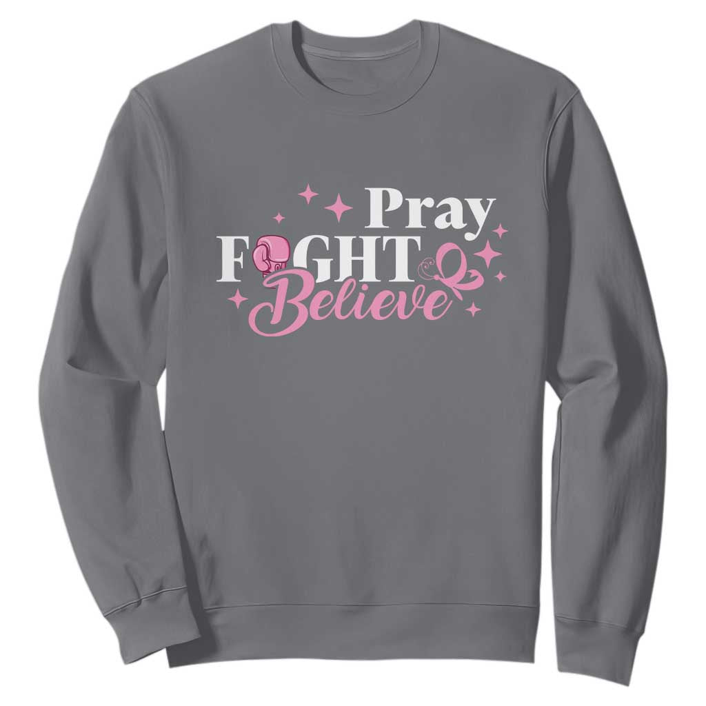 Breast Cancer Support Sweatshirt Pray Fight Believe Boxing Glove Pink Ribbon Butterfly