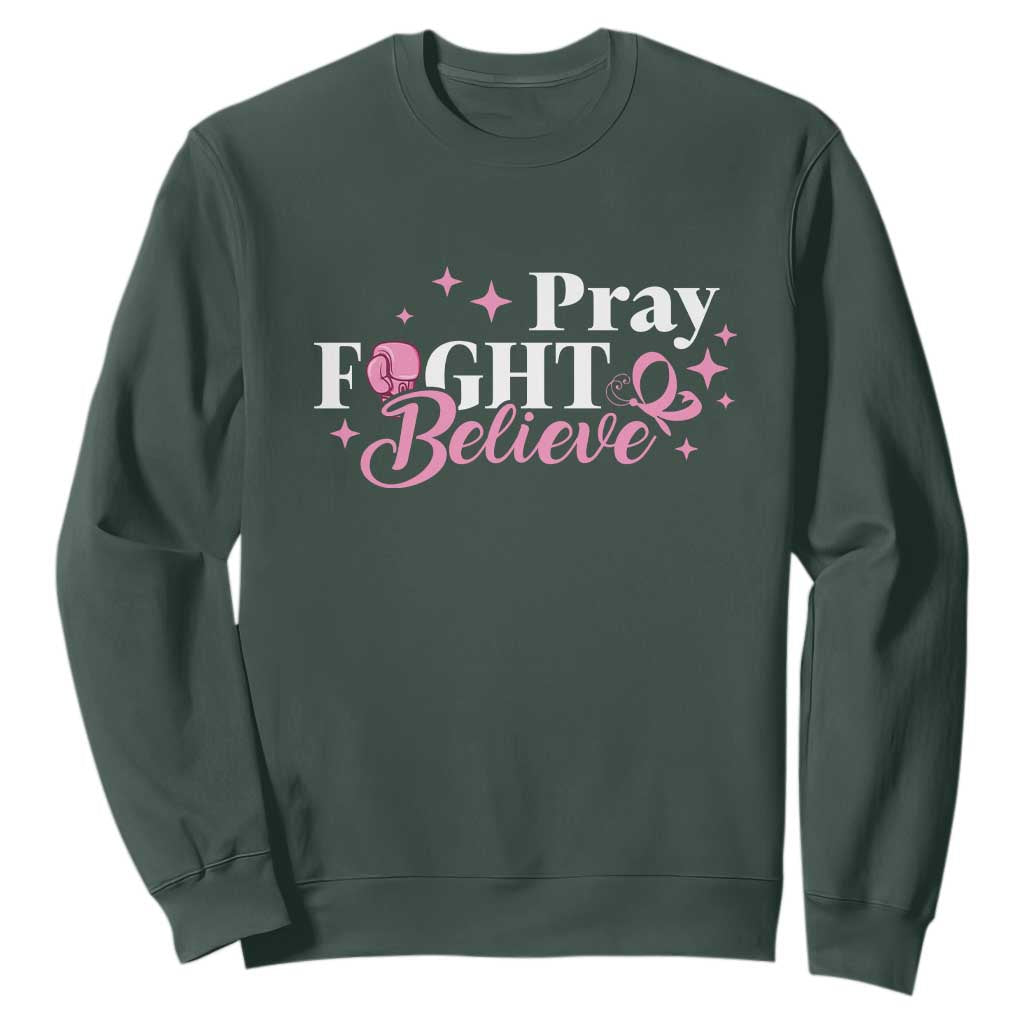 Breast Cancer Support Sweatshirt Pray Fight Believe Boxing Glove Pink Ribbon Butterfly