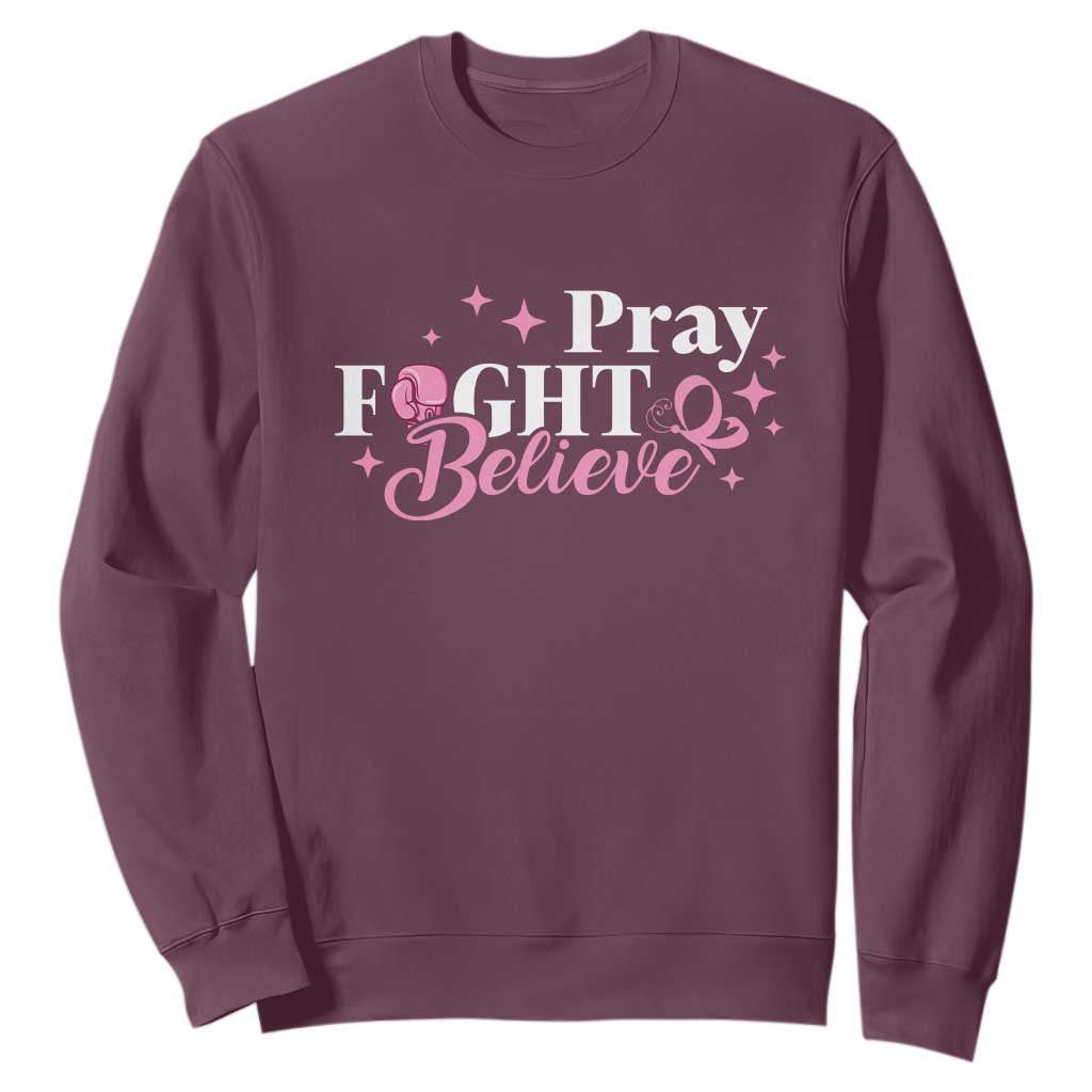 Breast Cancer Support Sweatshirt Pray Fight Believe Boxing Glove Pink Ribbon Butterfly