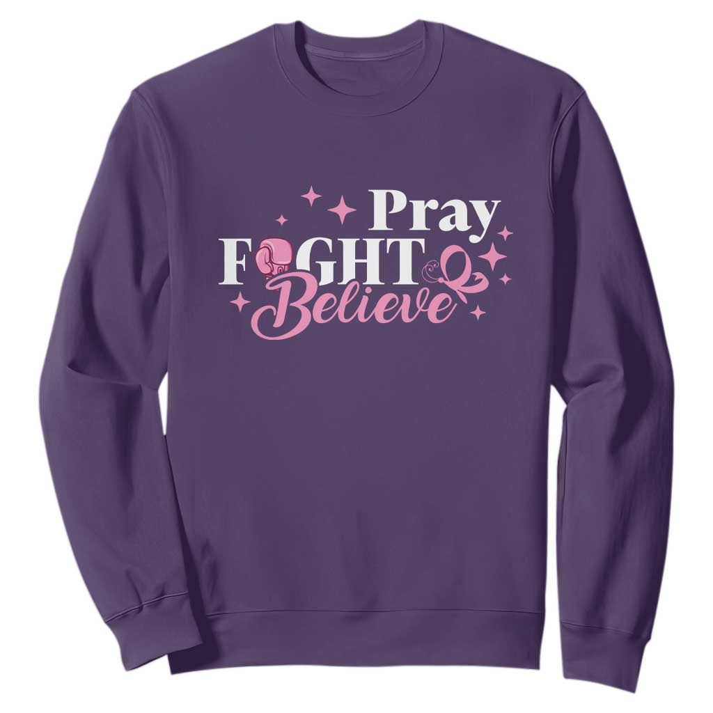 Breast Cancer Support Sweatshirt Pray Fight Believe Boxing Glove Pink Ribbon Butterfly