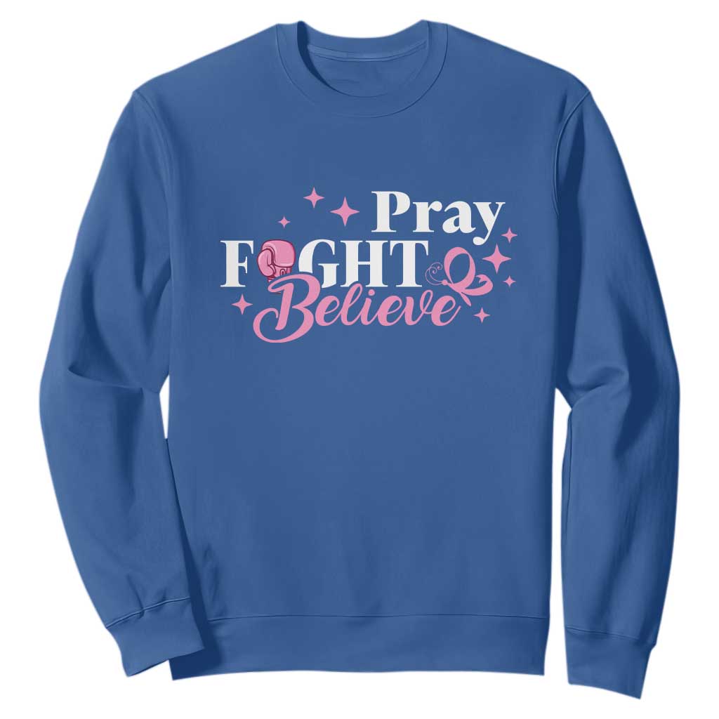 Breast Cancer Support Sweatshirt Pray Fight Believe Boxing Glove Pink Ribbon Butterfly