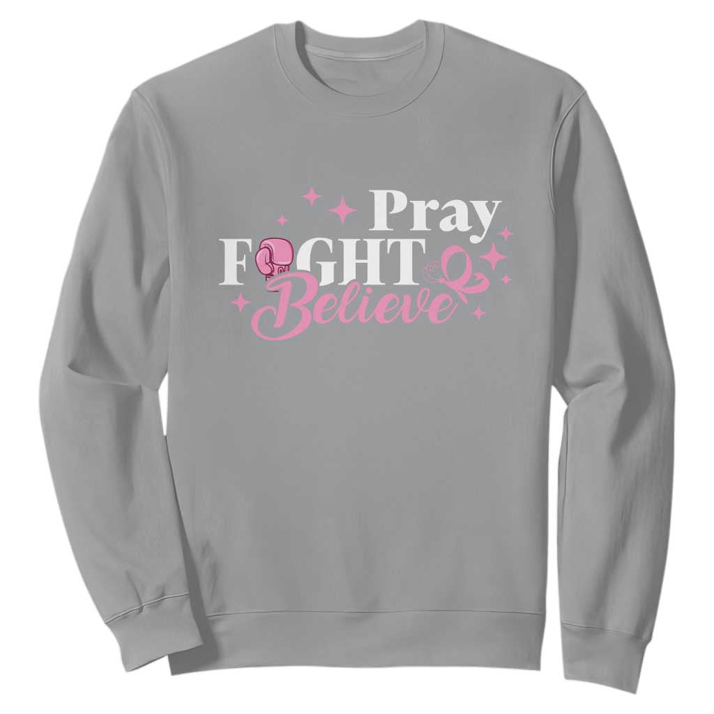 Breast Cancer Support Sweatshirt Pray Fight Believe Boxing Glove Pink Ribbon Butterfly
