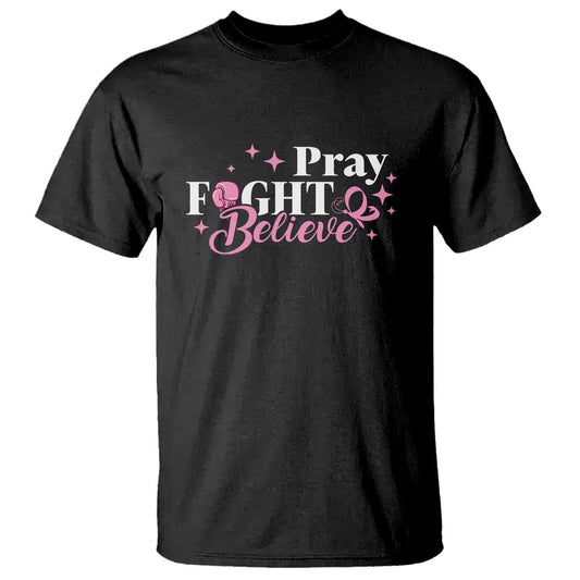Breast Cancer Support T Shirt Pray Fight Believe Boxing Glove Pink Ribbon Butterfly