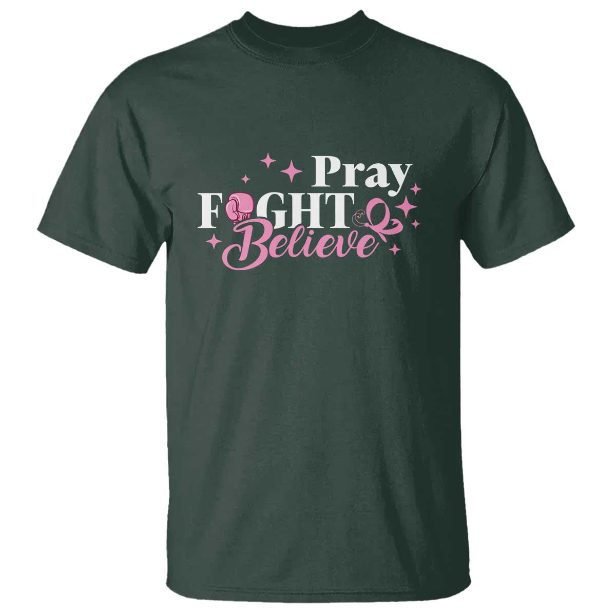 Breast Cancer Support T Shirt Pray Fight Believe Boxing Glove Pink Ribbon Butterfly