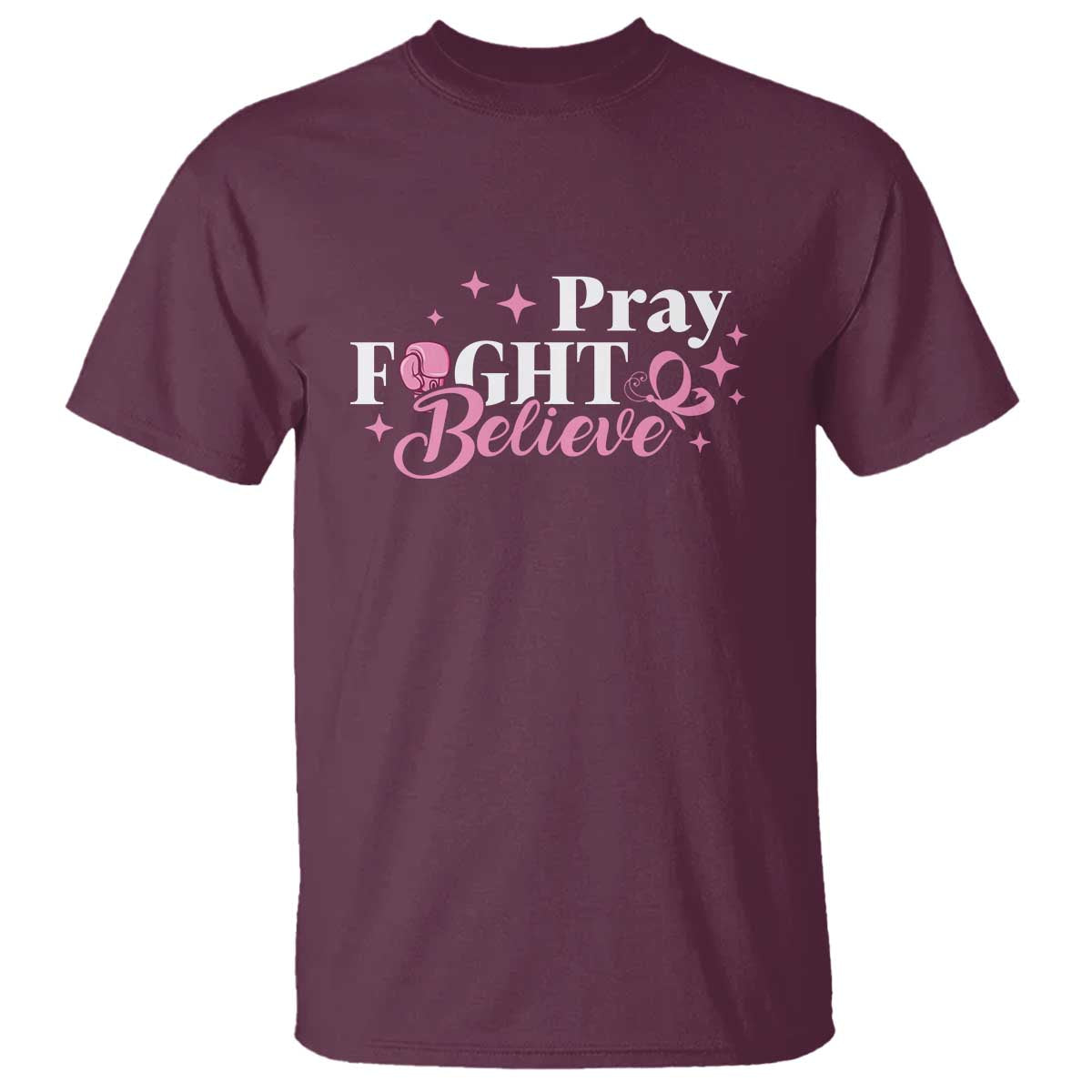 Breast Cancer Support T Shirt Pray Fight Believe Boxing Glove Pink Ribbon Butterfly