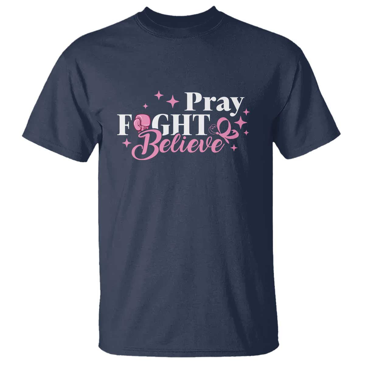 Breast Cancer Support T Shirt Pray Fight Believe Boxing Glove Pink Ribbon Butterfly