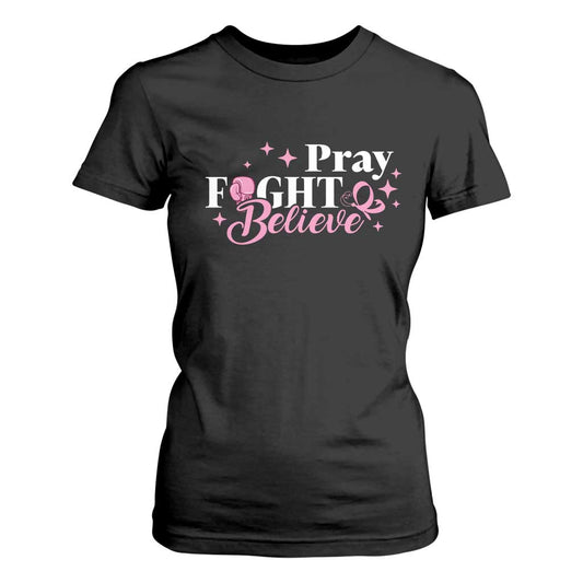 Breast Cancer Support T Shirt For Women Pray Fight Believe Boxing Glove Pink Ribbon Butterfly