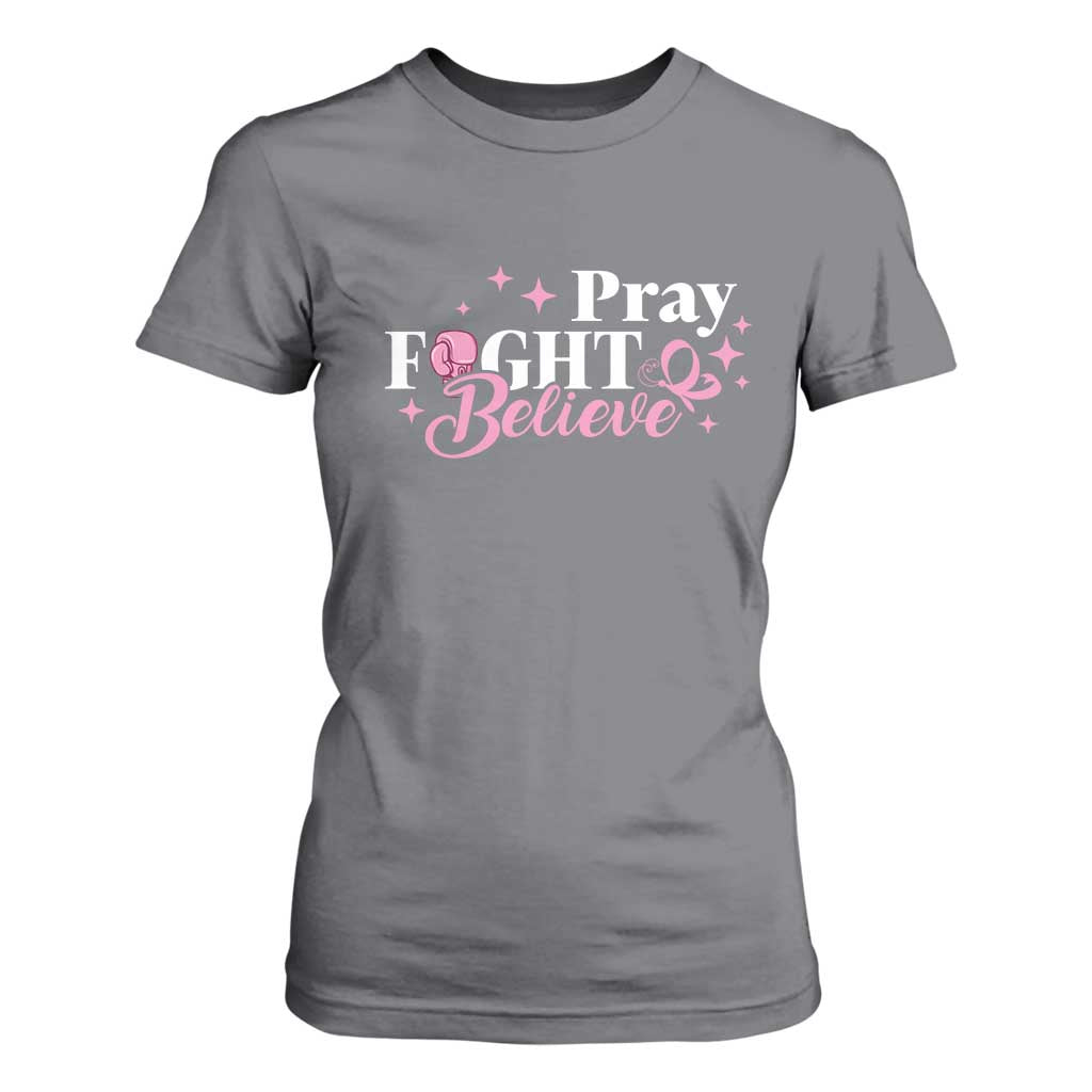 Breast Cancer Support T Shirt For Women Pray Fight Believe Boxing Glove Pink Ribbon Butterfly