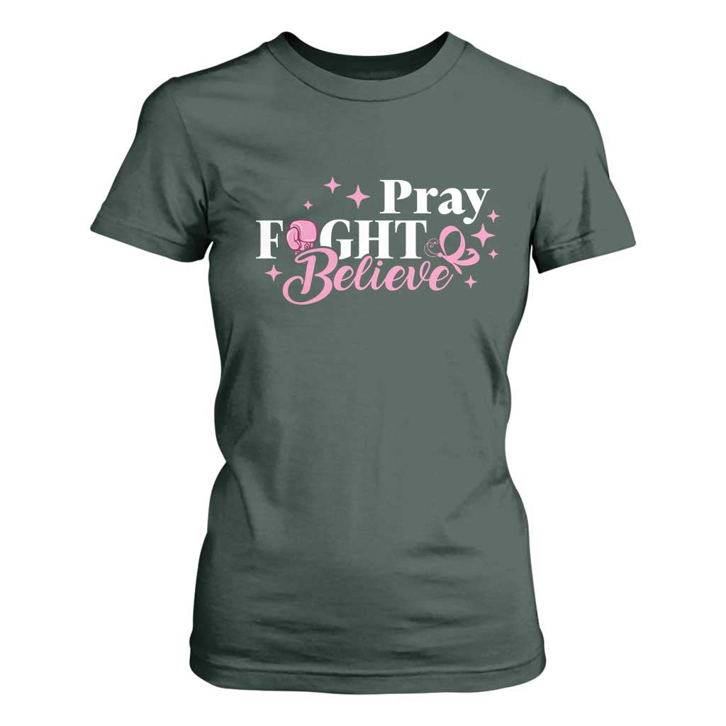 Breast Cancer Support T Shirt For Women Pray Fight Believe Boxing Glove Pink Ribbon Butterfly