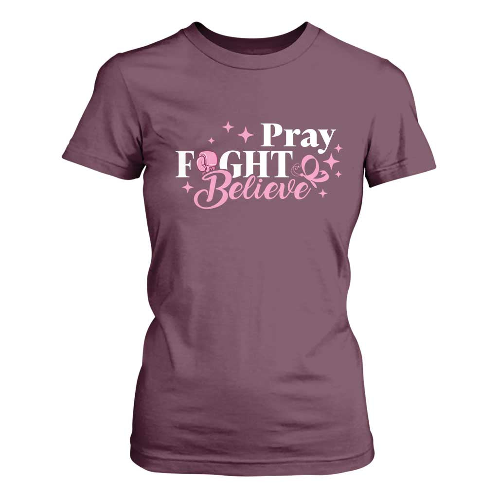 Breast Cancer Support T Shirt For Women Pray Fight Believe Boxing Glove Pink Ribbon Butterfly