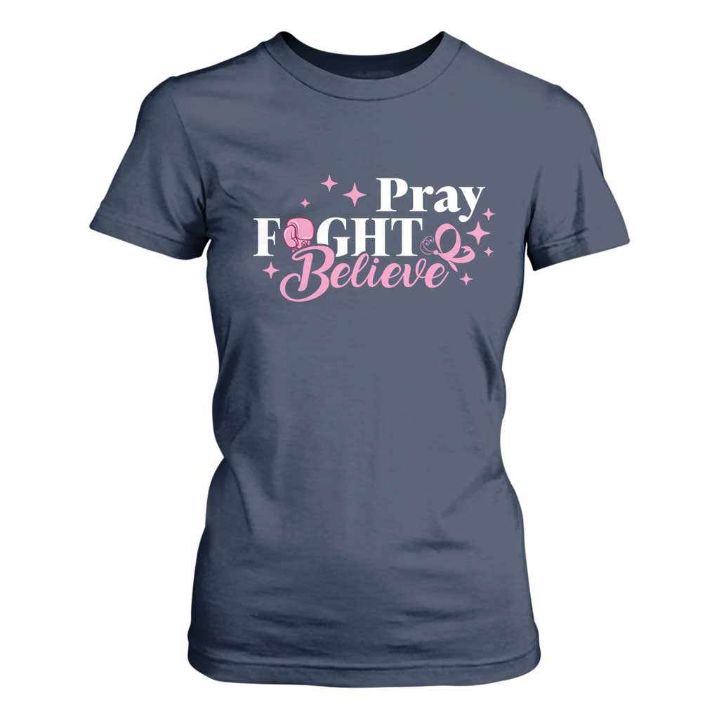Breast Cancer Support T Shirt For Women Pray Fight Believe Boxing Glove Pink Ribbon Butterfly