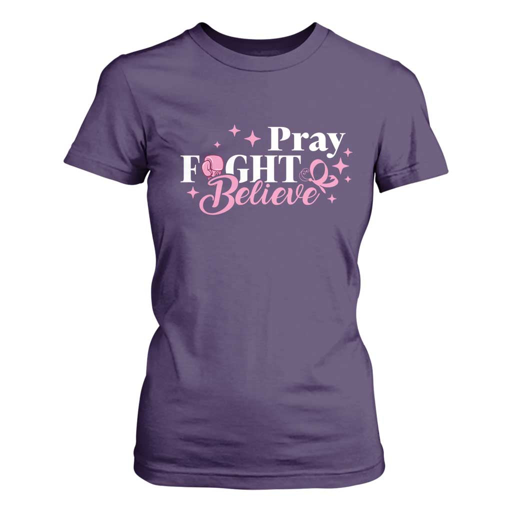 Breast Cancer Support T Shirt For Women Pray Fight Believe Boxing Glove Pink Ribbon Butterfly