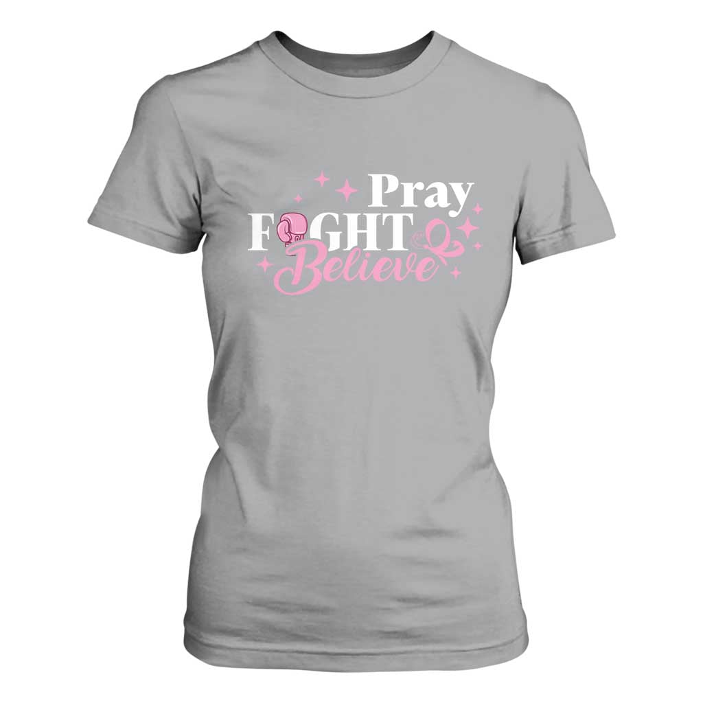 Breast Cancer Support T Shirt For Women Pray Fight Believe Boxing Glove Pink Ribbon Butterfly