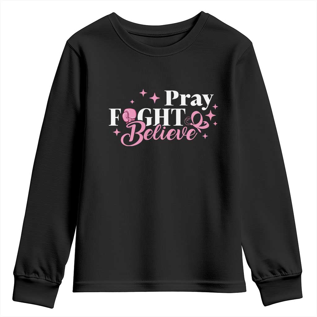 Breast Cancer Support Youth Sweatshirt Pray Fight Believe Boxing Glove Pink Ribbon Butterfly