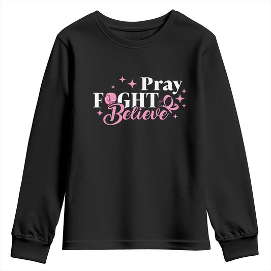 Breast Cancer Support Youth Sweatshirt Pray Fight Believe Boxing Glove Pink Ribbon Butterfly
