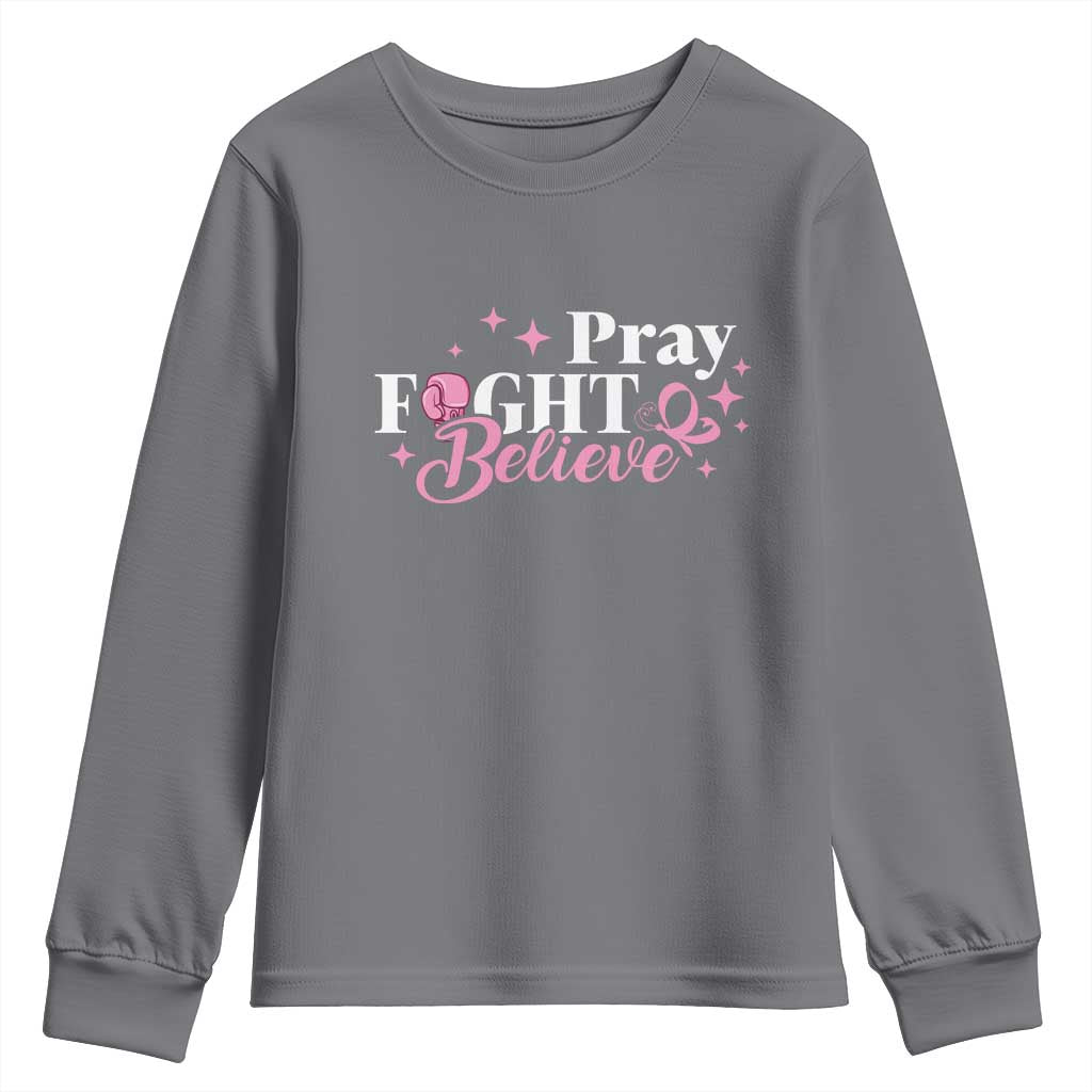 Breast Cancer Support Youth Sweatshirt Pray Fight Believe Boxing Glove Pink Ribbon Butterfly