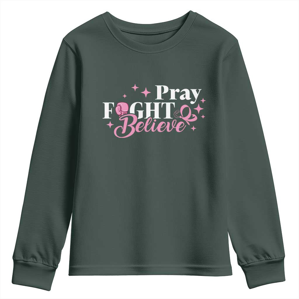 Breast Cancer Support Youth Sweatshirt Pray Fight Believe Boxing Glove Pink Ribbon Butterfly
