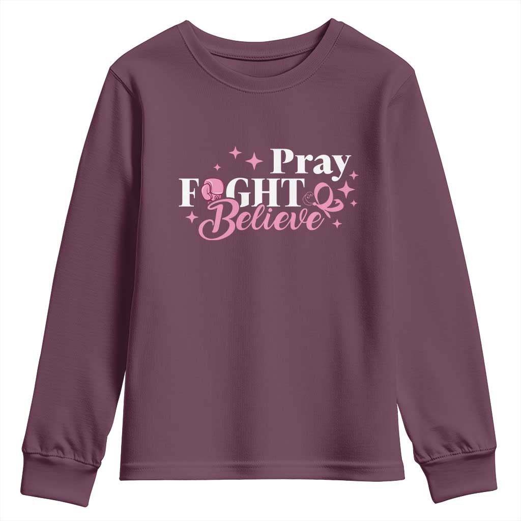 Breast Cancer Support Youth Sweatshirt Pray Fight Believe Boxing Glove Pink Ribbon Butterfly