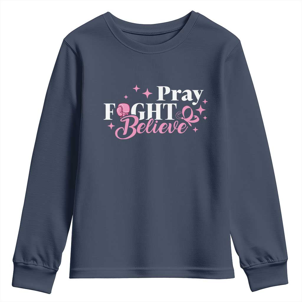 Breast Cancer Support Youth Sweatshirt Pray Fight Believe Boxing Glove Pink Ribbon Butterfly