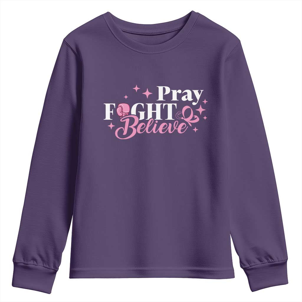 Breast Cancer Support Youth Sweatshirt Pray Fight Believe Boxing Glove Pink Ribbon Butterfly