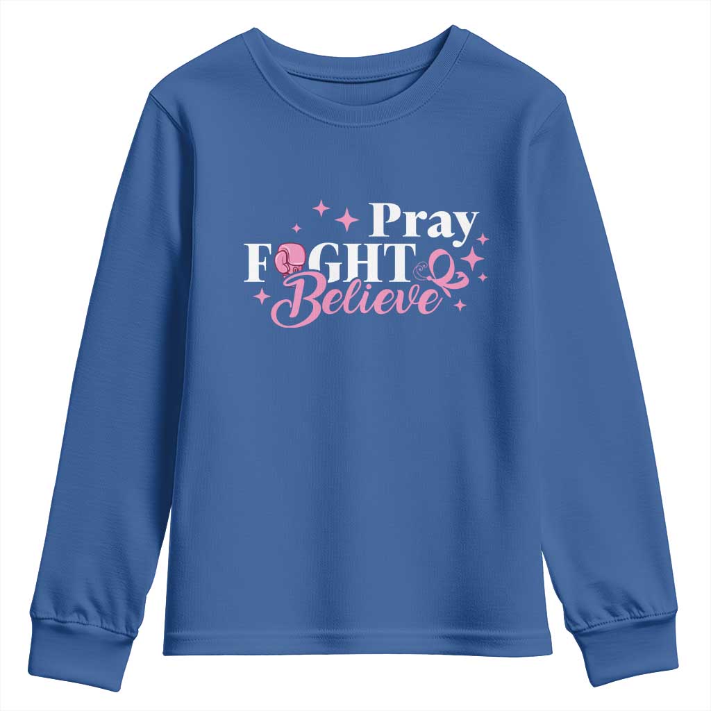Breast Cancer Support Youth Sweatshirt Pray Fight Believe Boxing Glove Pink Ribbon Butterfly