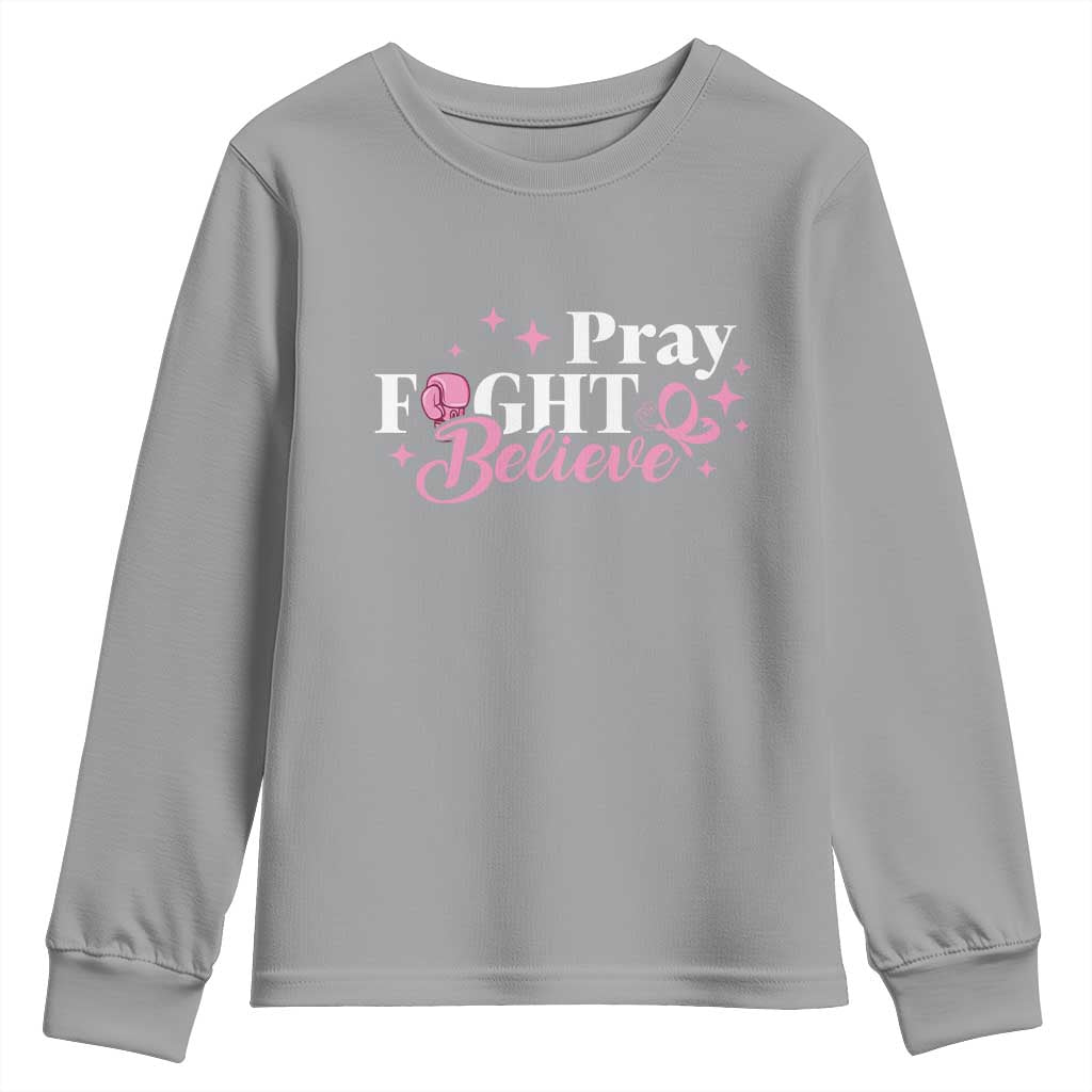 Breast Cancer Support Youth Sweatshirt Pray Fight Believe Boxing Glove Pink Ribbon Butterfly