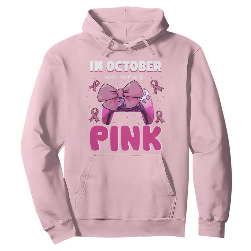 In October We Wear Pink Hoodie Breast Cancer Support Game Console Pink Bow