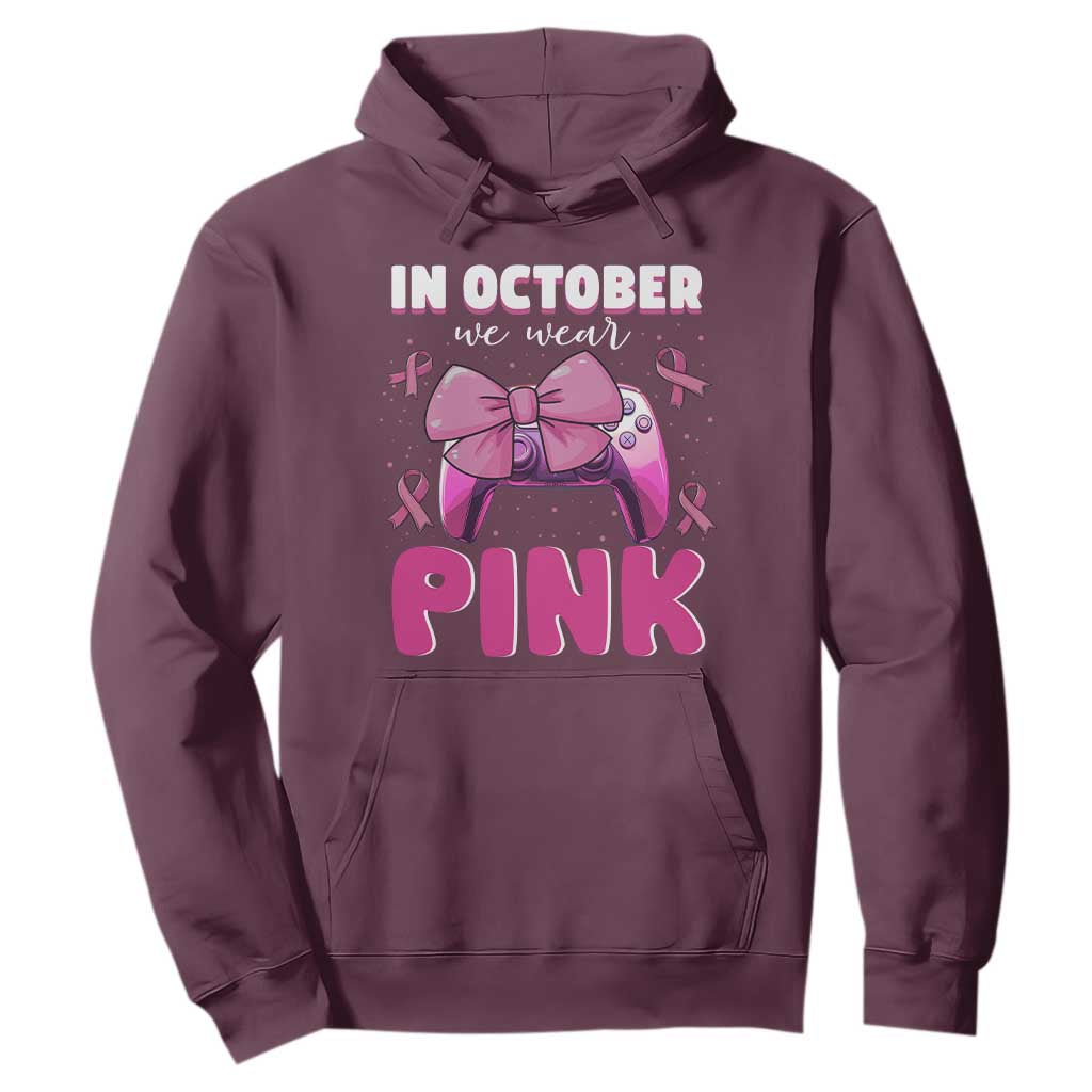 In October We Wear Pink Hoodie Breast Cancer Support Game Console Pink Bow