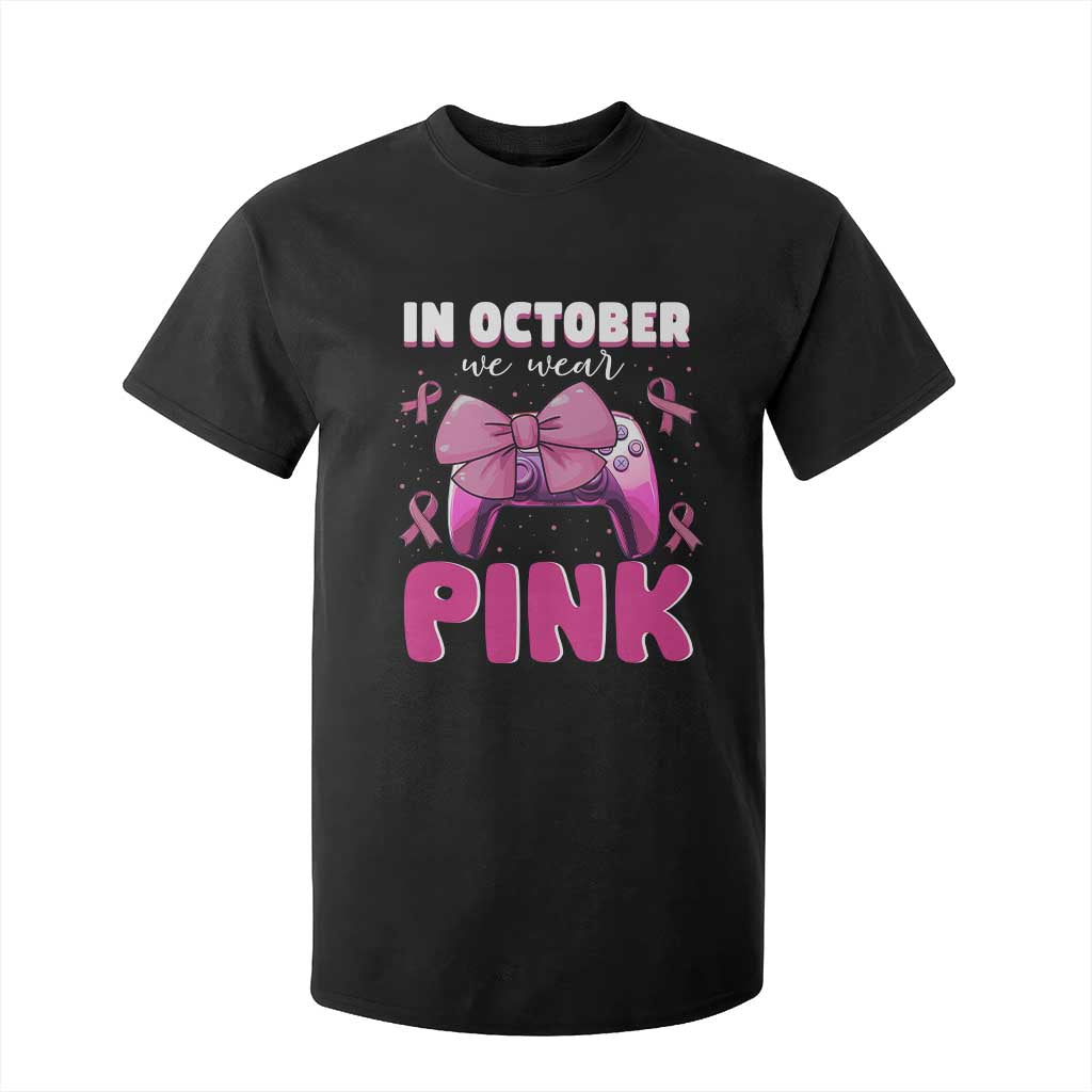 In October We Wear Pink T Shirt For Kid Breast Cancer Support Game Console Pink Bow