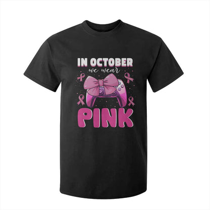 In October We Wear Pink T Shirt For Kid Breast Cancer Support Game Console Pink Bow