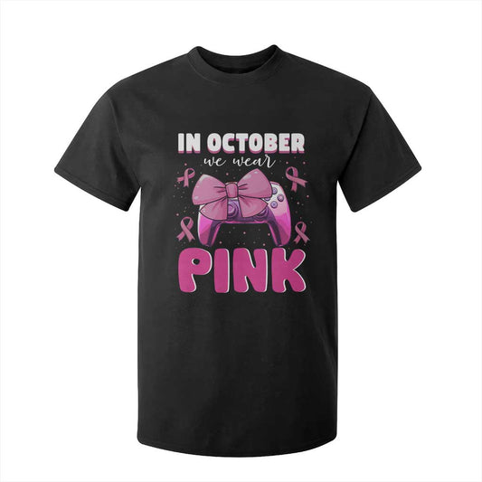 In October We Wear Pink T Shirt For Kid Breast Cancer Support Game Console Pink Bow